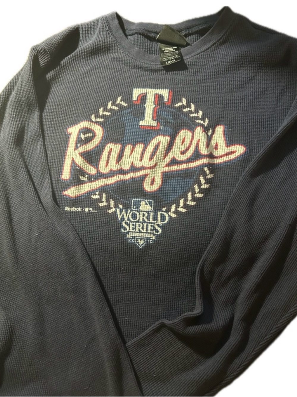 Reebok Navy Texas Rangers Crewneck Sweatshirt with World Series Graphic